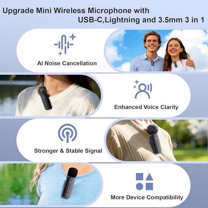 2-Pack Wireless Mini Lavalier Lapel Microphone for iPhone,Android Device(3 in 1) - 65ft Cordless Clip on Dual Mics with Noise Reduction 6H Working Time for Video Recording Vlogging, YouTube, Interview - Image 2