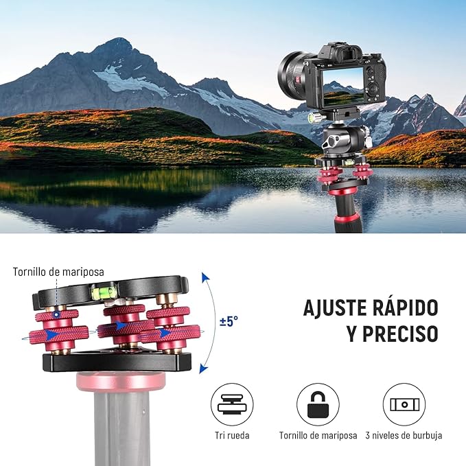 NEEWER Tripod Head Leveling Base Camera Leveler 3 Axis Tri Wheel Head, LP64 | Aircraft Grade Aluminum Alloy, 3/8" Thread, -5° Precise Angle Adjustment, for Macro Panoramic Photography - Image 2