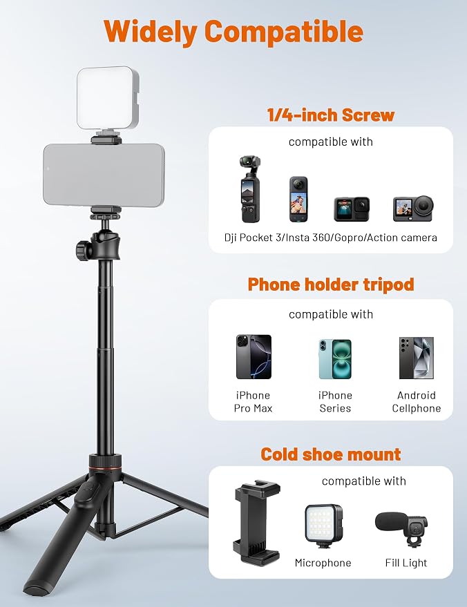 JOILCAN Tripod for iPhone & Camera, 64" Selfie Stick 360° Ball Head Remote | Extendable Portable Phone Tripod Stand for Travel Vlog Compatible with iPhone DJI Canon Sony DLSR - Image 6