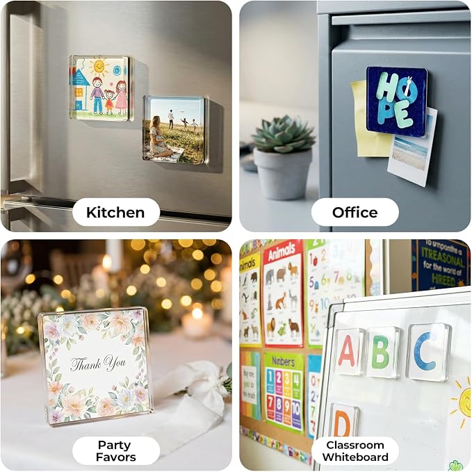 6 Pack 2x2 Square Clear Acrylic Fridge Magnets - DIY Magnetic Photo Frames with Adhesive Backing. Easy Craft Kit with Blank Cards & Storage Box for Personalized Home Decor, Gifts & Art. - Image 7