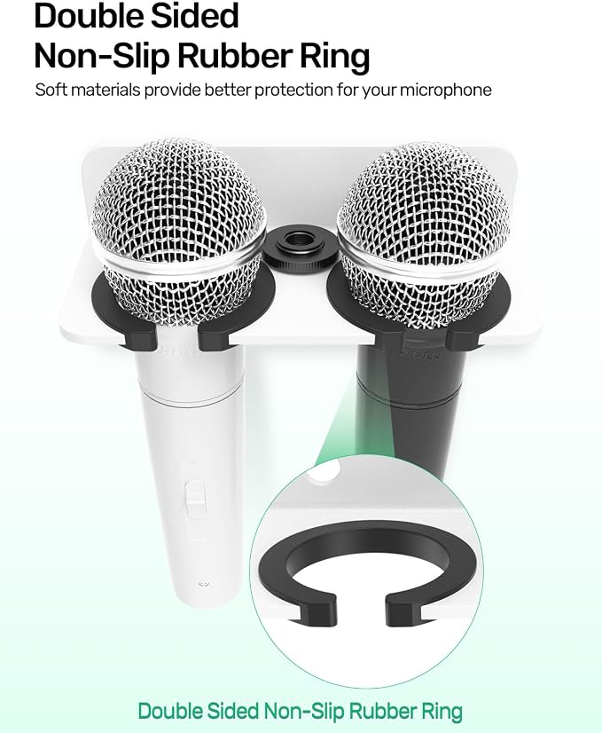 White 2-Slot Multi Mic Holder for Handheld Wired/Wireless, Wall/Stand Mount | Wall Mounted Organizer, Fits 5/8 & 3/8 Mic Stand, Holds 2 Wired/Wireless Mics for Church/Stage/Studio, Rubber Pad Protection - Image 4