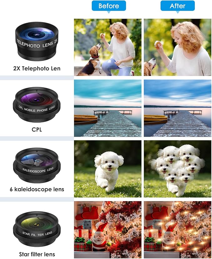 AMIR 7 in 1 Phone Camera Lens Kit with 2X Telephoto, 0.63X Wide Angle, 15X Macro, 198° Fisheye, CPL Filter, Star & Kaleidoscope Lens, HD Mobile Lens Set for iPhone, Samsung & Smartphones - Image 5