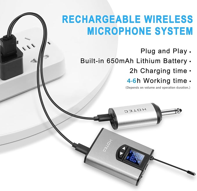 HOTEC UHF Wireless Headset Microphone/Lavalier Lapel Mic with Bodypack Transmitter and Mini Rechargeable Receiver 1/4" Output for Vlogging or Speech - Image 5