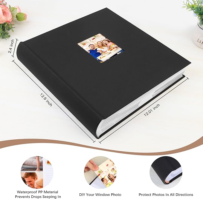Photo Album 4x6 Vertical 600 Photos with Writing Space, Black | Linen Cover, Acid-Free Pages, Clear PP Pockets, Memo Writing Space, Front Display Window, Family, Wedding & Travel Memories - Image 3