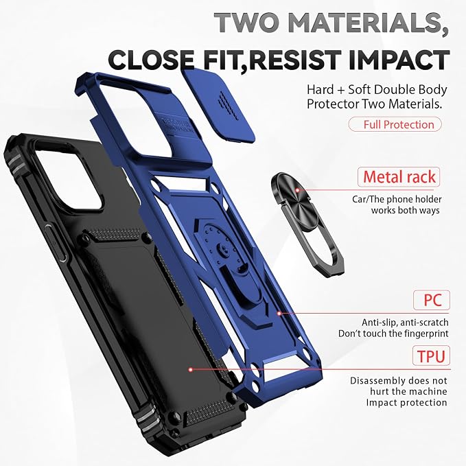 HNHYGETE for iPhone 15 Pro Case with HD Screen Protector: [Military Grade 20ft. Drop Tested] Slide Camera Cover Ring Shockproof Protective Phone Case for - iPhone 15 Pro (Blue) - Image 5