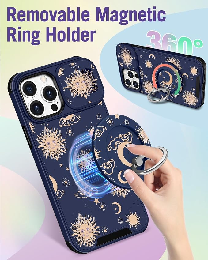 Buleens for iPhone 15 Pro Case 6.1 Inch - with Ring Stand & Camera Cover Aesthetic Cute Designed for Women Girls Sun Moon Stars for Phone Case for iPhone 15 Pro Compatible with Magsafe - Image 5