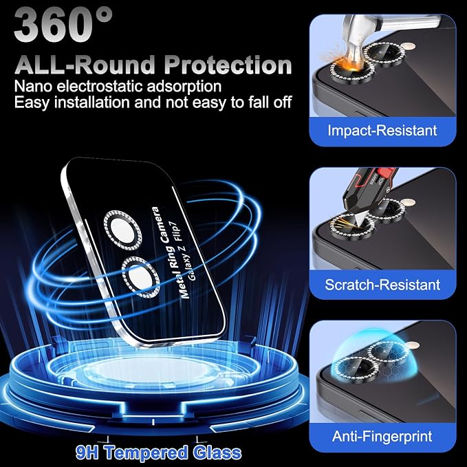Meshine for Samsung Galaxy Z Flip 7 Camera Lens Protector,Scratch Proof,Strong Adsorption,9H Hardness with Metal Ring Camera Cover,Ultra Thin Case Friendly, Accessories Lens Protector,Shiny Black - Image 3