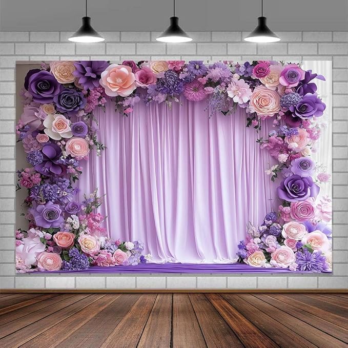 6X4ft Purple Flower Wall Background Photography Lavender Backdrop for Parties Wedding, Girls Birthday Princess Weeding Bridal Shower Purple Floral Anniversary Ceremony Decor. - Image 3