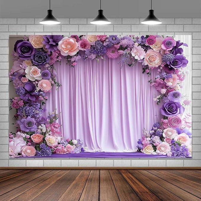 7X5ft Purple Flower Wall Background Photography Lavender Backdrop for Parties Wedding, Girls Birthday Princess Weeding Bridal Shower Purple Floral Anniversary Ceremony Decor. by JAWO