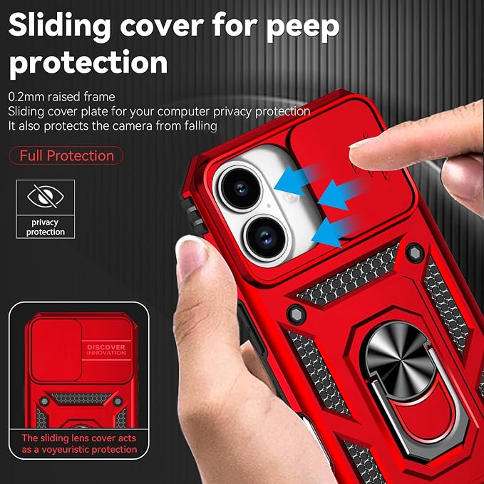 HNHYGETE for iPhone 17 Case with Screen Protector: [Military Grade 20ft. Drop Tested] Slide Camera Cover Ring Shockproof Protective Phone Case for - iPhone 17 (Red) - Image 4