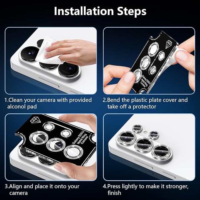 for Samsung Galaxy S26 Ultra Camera Lens Protector, Individual Metal Ring Tempered Glass Lens Cover, [Strong Adsorption] Scratch Resistant Ultra-Thin HD Clear Lens Cover, 1 Set-Gray Sparkly - Image 7