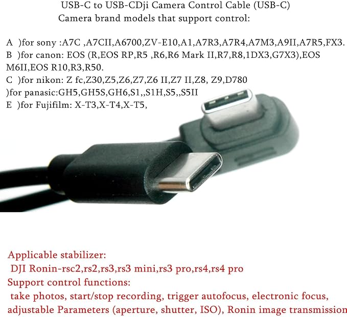 Camera Control Cable Cord,for DJI RS4 Pro, RS4 Mini, RS4, RS3 Pro, RS3, RS3 Mini, RSC2, RS2 Gimbal Stabilizer for Sony Canon Nikon Panasonic Fuji Olympus Camera USB Type C to Type C Right Angle Multi - Image 2