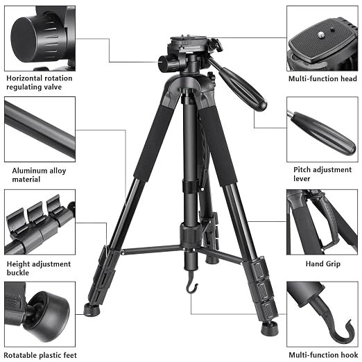 NEEWER Portable Aluminum Alloy Camera 2 in 1 Tripod Monopod Max. 70"/177cm with 3 Way Swivel Pan Head and Carrying Bag for DSLR, DV Video Camcorder (SAB264, Black) - Image 3