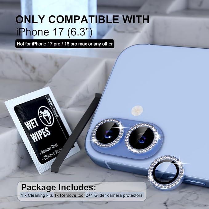Choiche for iPhone 17 Camera Lens Protector Bling, Diamond-Blue | Ultra HD, 9H Tempered Glass Camera Cover Screen Protector Metal Individual Ring Decoration Accessories, 2-Lens, 6.3-inch - Image 2