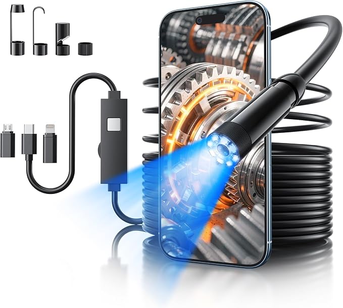Endoscope Camera with Light, 1920P HD Bore Scope Borescope with 8 Lights, Waterproof 16.4FT Semi-Rigid Cord for Pipe Inspection, Industrial Endoscope for Phones(Black) by MugEasy