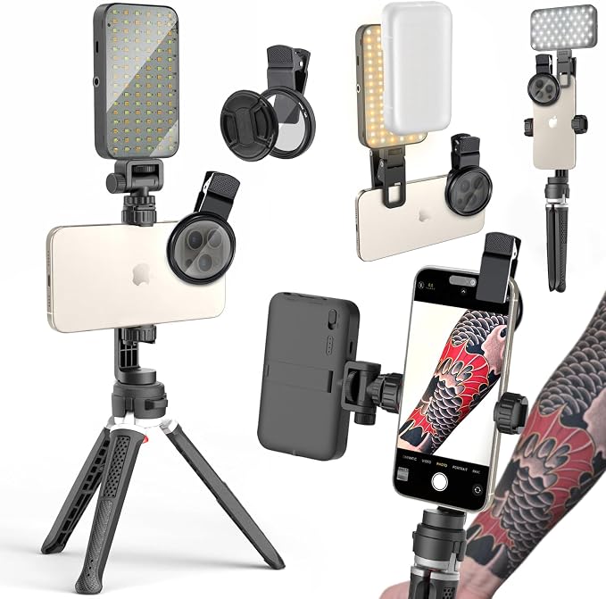 LED Selfie & Tattoo Light with 52MM CPL Filter Lens 360° Rotatable Clip Tattoo Equipment/Tripod Stand/Phone Holder,Fill Lighting Remove Reflection for Art Food Jewelry Photography Video Recording by Unknown