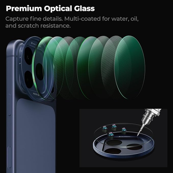 K&F CONCEPT Snap-On ND2-32 Filter Compatible with iPhone 17 Pro & Pro Max | 11.2g Ultra-Lightweight Variable ND Lens Filter with Snap-on Deco Mount, AGC Glass 28-Layer Coating, FA301 - Image 4