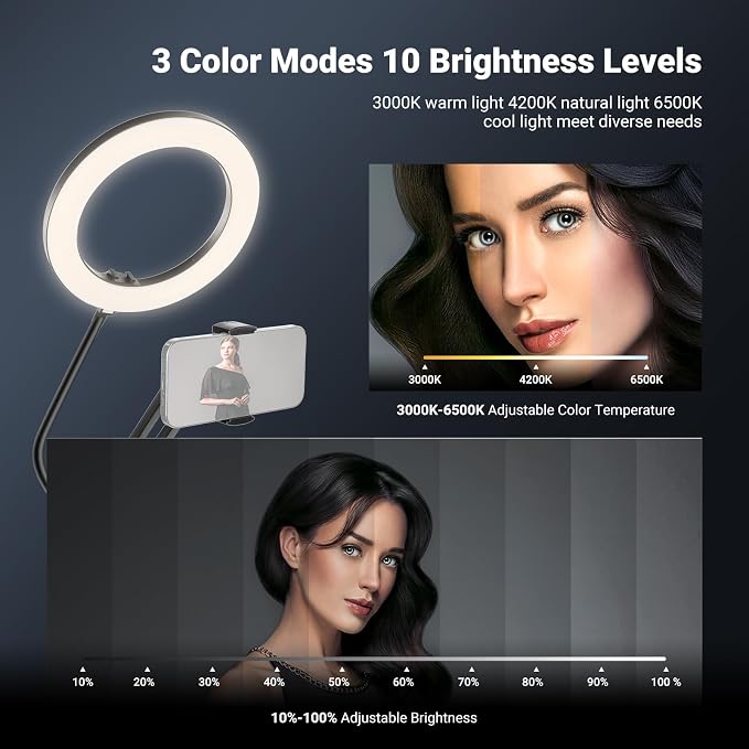 NEEWER Entry Level Version N41 8" LED Ring Light with Desk Clamp Stand/Remote, Overhead Phone Mount Holder Compatible with iPhone, Streaming Video Recording Selfie Nail Tech Food Photography Lighting - Image 3