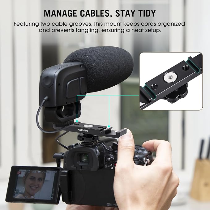 Dual Cold Shoe Extension Bar Mount, Aluminum Dual Hot Shoe Mount Bracket with 1/4" Thread & Cable Slot, Cold Shoe Bracket for DSLR Camera LED Video Light Microphone Monitor (62034) - Image 4