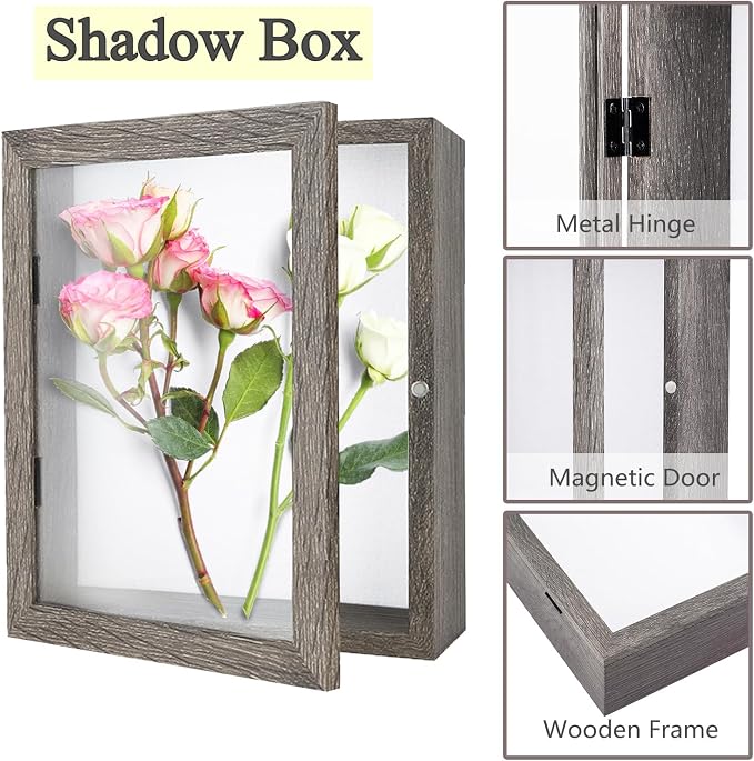 Muzilife 8x10 Shadow Box Picture Frame, 2.16 Deep, Real Glass, Texture Gray | FSC-Wood, Magnetic Door, Linen Interior & Pins, Vertical, Horizontal Wall Hanging, Display Case Frame for Photos & Keepsakes - Image 3