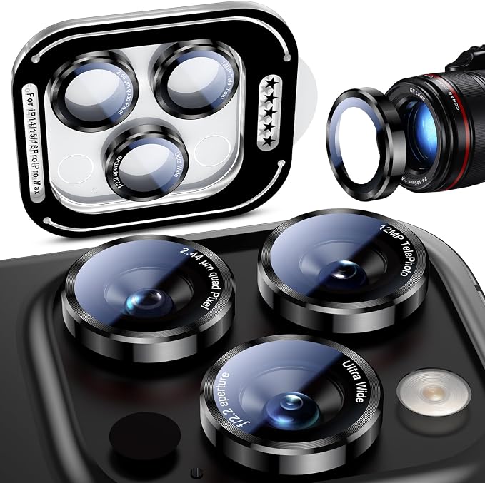 Uyiton for iPhone 17/16/15/14 (Pro Max & Pro) Camera Lens Protector | Unique Lines Text Design, Case-Friendly, Military-Grade Sapphire Glass Metal Camera Cover, Easy to Install, Black by Uyiton