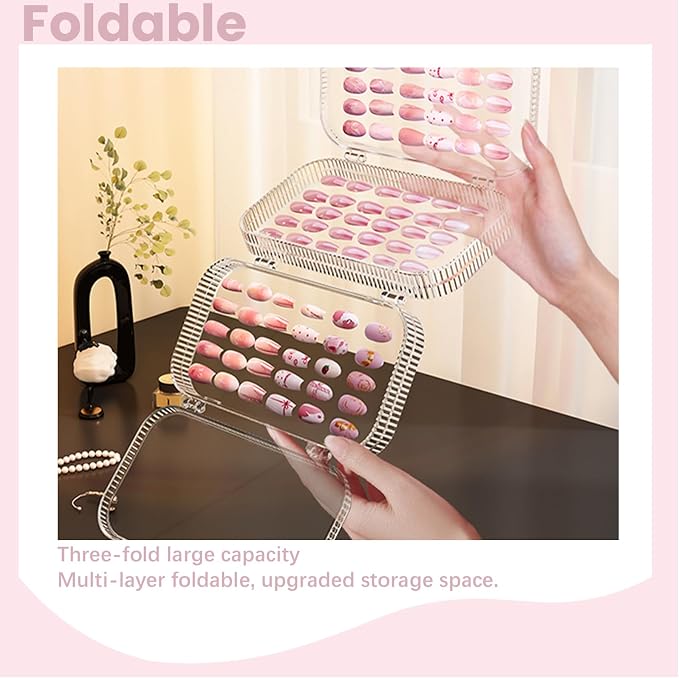 Large Tri-Fold Press On Nail Organizer Case - 4-Page Portable Storage Box for Fake Nails, Clear PET Plastic Travel Holder (6×3.2×1.8 inch) Texture 2Pcs - Image 6