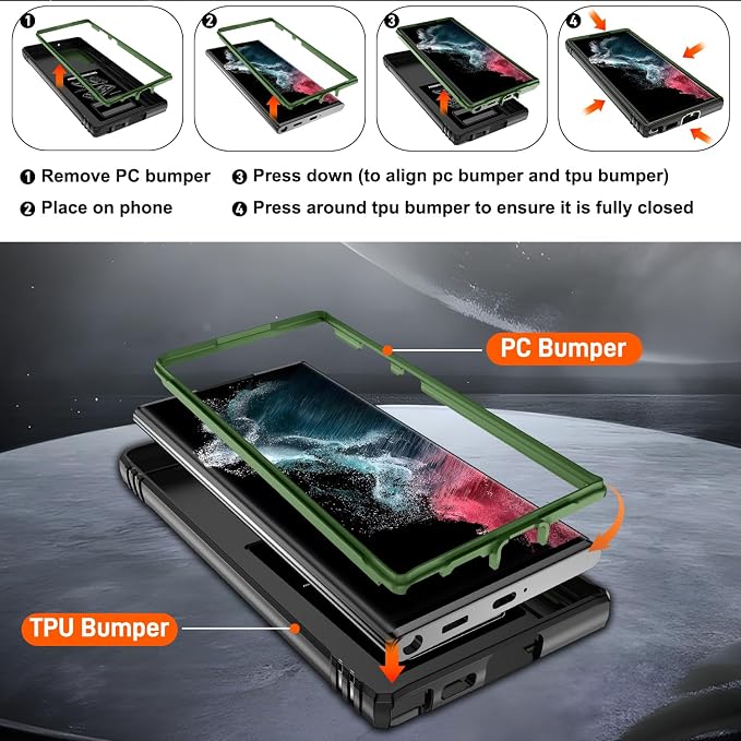 Gritup for Galaxy S22 Ultra Case Military-Grade Shockproof with Kickstand | with 2 PCS Screen Protector, Slide Camera Cover, Heavy Duty Outdoor Protection Funda para Samsung S22 Ultra Cover,Green+Black - Image 3