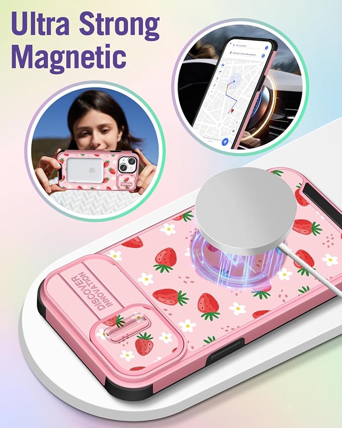 Buleens for iPhone 13 Case 6.1 Inch - with Ring Stand & Camera Cover Aesthetic Cute Designed for Women Girls Girly Pretty Strawberry for Phone Case for iPhone 13 Compatible with Magsafe - Image 4