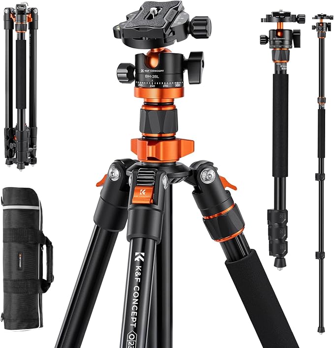 K&F CONCEPT 78" Aluminum Camera Tripod | 81" Monopod, 22lb Max Load, for DSLR/Spotting Scope/Camcorder, Heavy Duty Travel Tripod, O234A7+BH-28L by KFCONCEPT