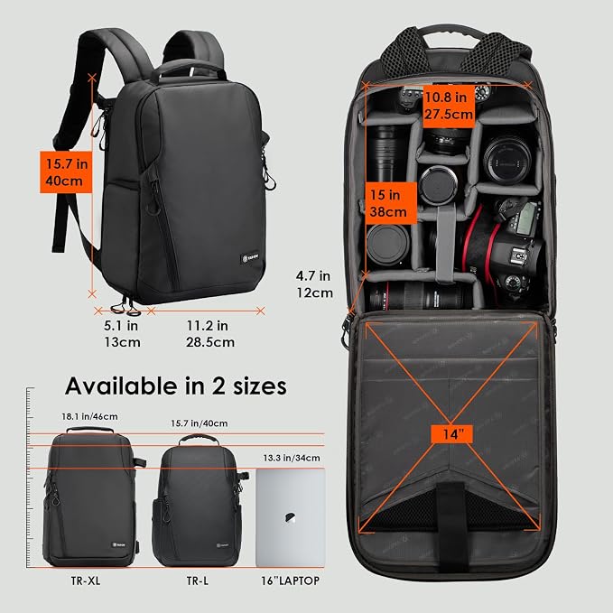 TARION Urban Camera Backpack for Photographers Compact 12.5L Black TRL | Side Access, Water-repellent, 14in Laptop Compartment, Padded Back Support, Rain Cover, for Outdoor Phtography Travel - Image 9