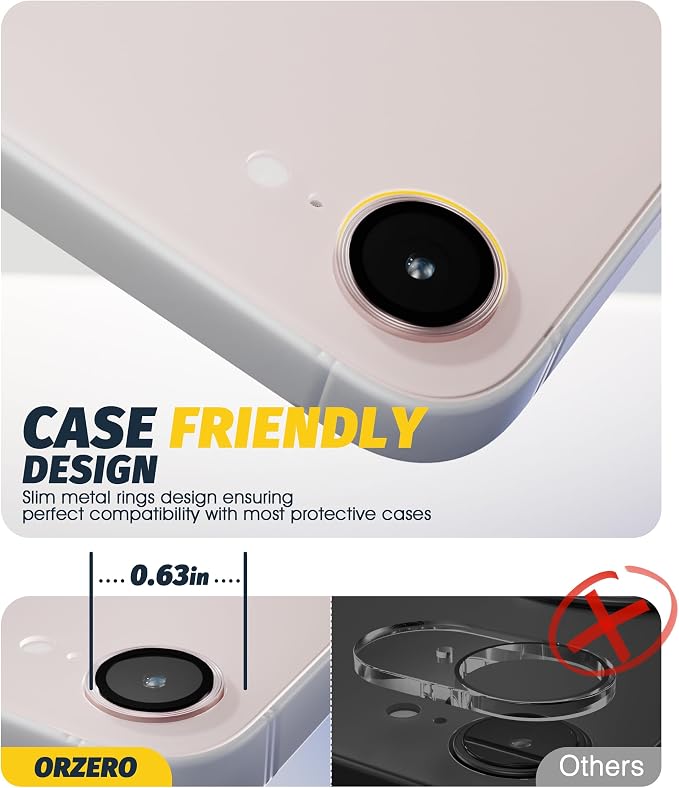 (3 Pack) Orzero Camera Lens Protector for iPhone 17e / iPhone 16e, [EZ Install] [Case-Friendly] 9H Tempered Glass CD Pattern Lens Cover Accessories, Military-Grade Shockproof, HD Clarity Anti-Glare - Pink - Image 7