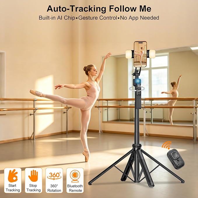 Auto Face Tracking Tripod for iPhone with Light and Remote Phone Stand | 360 Rotation Tripod that Follows Your Movement, No App, 63" Selfie Stick for Content Creator Vlog TikTok Live Stream - Image 2