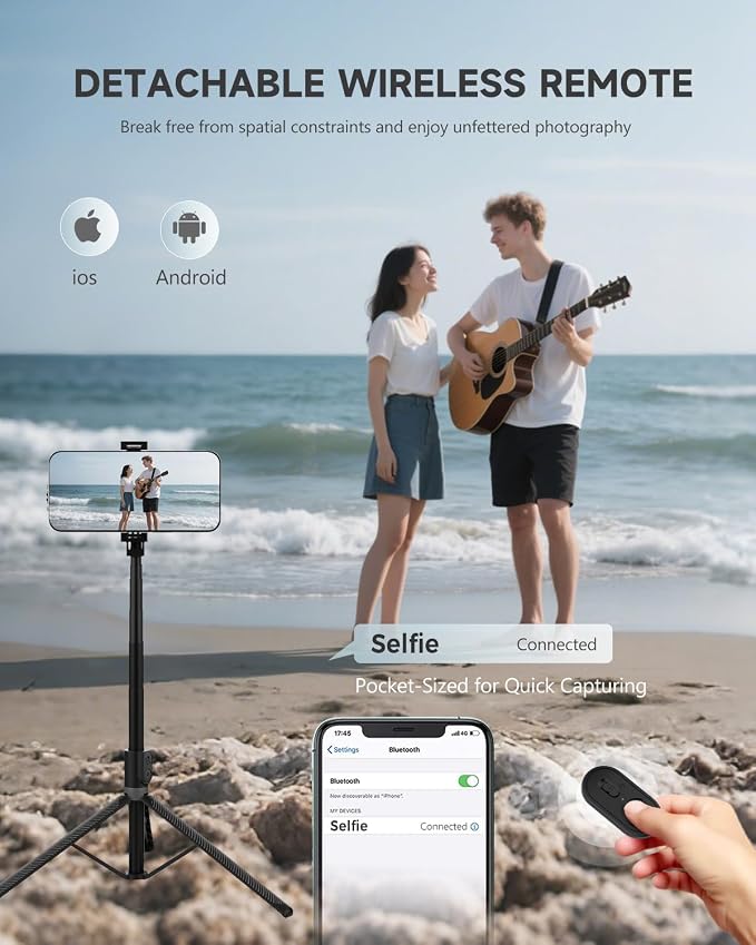 71” Phone Tripod & Selfie Stick, Portable All in One Extendable Cell Phone Tripod Stand, with Wireless Remote Control for iPhone/Samsung/Android/Camera - Image 4