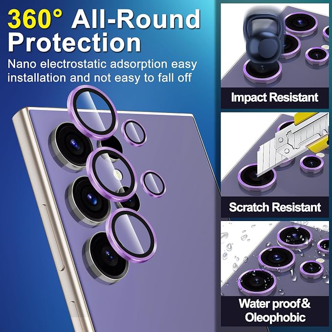 for Samsung Galaxy S24 Ultra Camera Lens Protector, Individual Metal Ring Tempered Glass Lens Cover, [Strong Adsorption] Scratch Resistant Ultra-Thin HD Clear Lens Cover, 2 Sets-Purple - Image 3