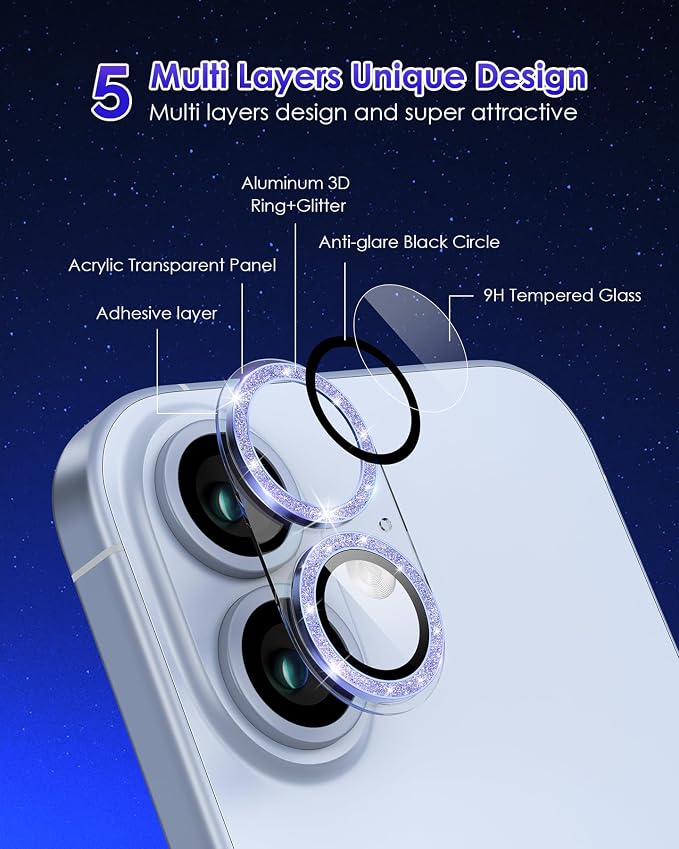 Compatible for iPhone 17 /iPhone 16 /iPhone 16 Plus Camera Lens Protector Glitter, Clear Acrylic Plus Aluminium Alloy Ring 9H Tempered Glass Screen Camera Cover Glitter Blue+Blue - Image 3