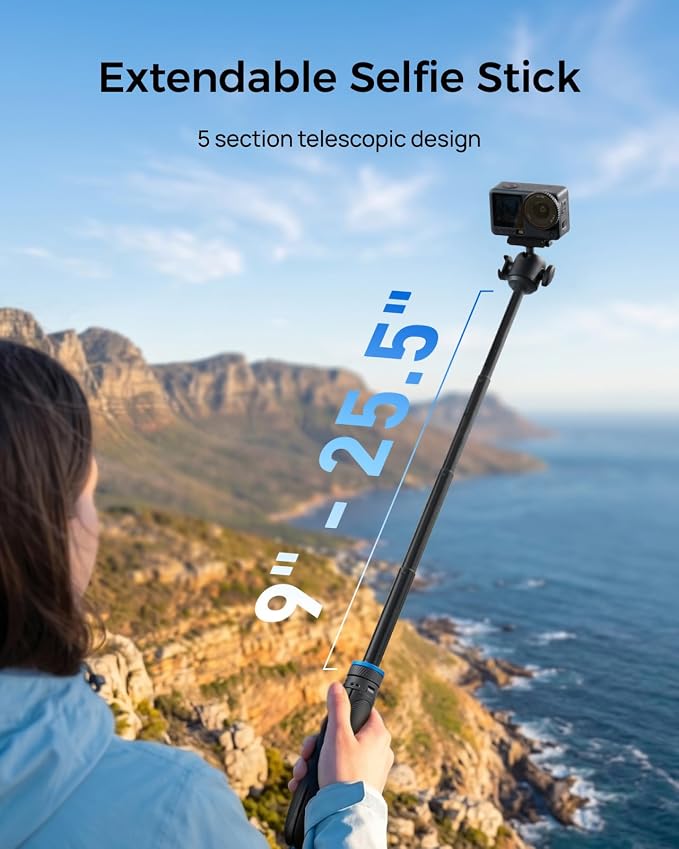 TELESIN 0.1s Auto Open Mini Selfie Stick Tripod for DJI Action Camera | 65cm/25.5in Magnetic Quick Release Tripod for DJI Osmo Action 6 / Nano / 360, Xtra 360 / Atto, Cold Shoe Mount,360° Ball Head - Image 6