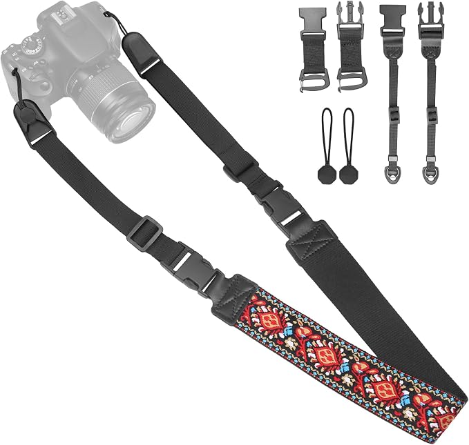 Adjustable Camera Neck Strap, Vintage Embroidered Shoulder & Crossbody Camera Strap with 4 Connection Ways, Anti-Slip Camera Strap for DSLR, Mirrorless & Camcorder, Travel & Outdoor Photography Gear by YFWE