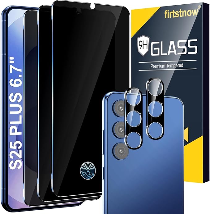 firtstnow 3 Pack Privacy Screen Protector for Samsung Galaxy S25 Plus Tempered Glass + 2 Pack Camera Lens Protector, True 25°Anti Spy, 9H+ Hardness, Fingerprint Unlock, Bubble-Free 6.7Inch by Unknown