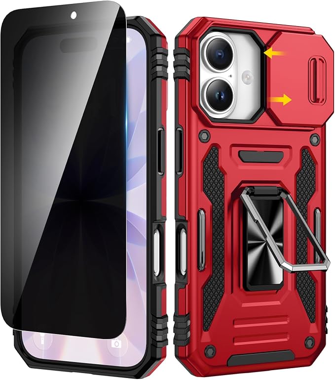 VEGO for iPhone 17 Case with Camera Cover & Privacy Screen Protector Red | Slide Camera Cover & Ring Kickstand Military Grade Heavy Duty Protection Cover for iPhone 17 5G 6.3 Inch - Red by VEGO