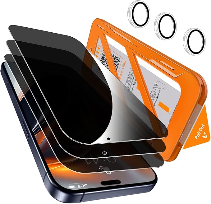 [1-Second Auto-Install] QHOHQ 3 Pack Privacy Screen Protector for iPhone 17 Pro [6.3 Inch] + 1 Set Camera Lens Protector, 25° Anti Spy Tempered Glass, [12FT Military Grade Shatterproof], Case Friendly by QHOHQ