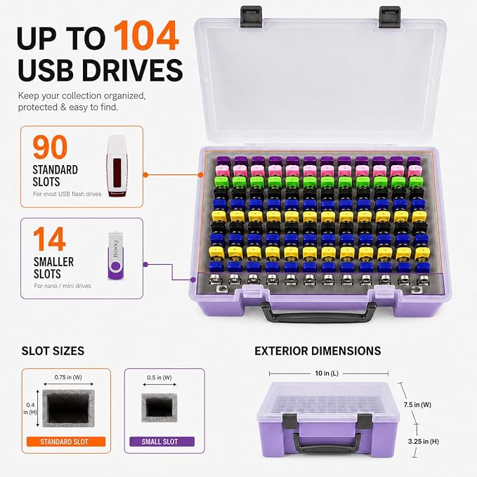 FULLCASE USB Flash Drive Case for SanDisk,for Samsung,for PNY,104-Slot | Hard Plastic Thumb Drive Organizer,for Lexar,for JOIOT,for SamData,for SIMMAX,Dual-size Removable Foam,Case Only Purple - Image 4