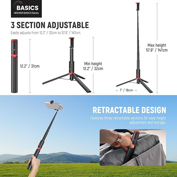NEEWER Basics PA991 Selfie Stick Tripod Compatible with iPhone Samsung Android, 57.9 Inch Metal Portable Lightweight Travel Mobile Phone Stand with Holder & Remote Control for Video Recording - Image 2
