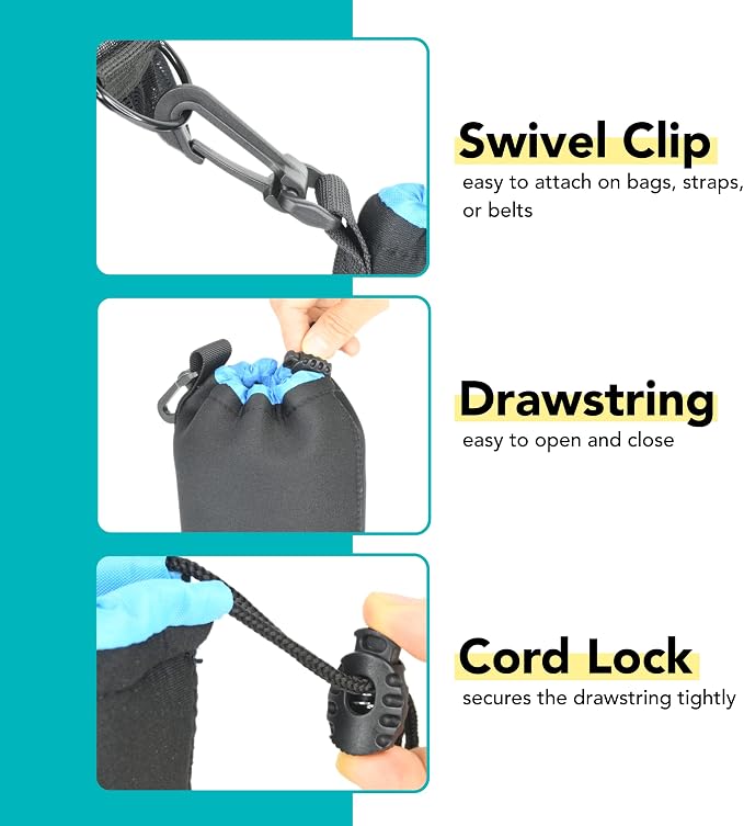 Foto&Tech 5mm Extra Thick Neoprene Lens Bag Pouch with Adjustable Drawstring and Swivel Clip Compatible with DSLR SLR Camera Lenses (Large) - Image 5