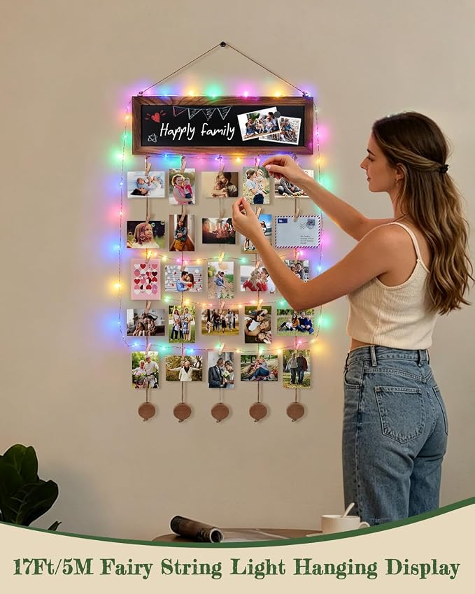 Bikoney Hanging Photo Display with String Lights, Clips & Chalkboard | Rustic Collage Picture Frame for Polaroids, Magnetic Chalkboard, Perfect Dorm Wall Decor & Graduation Gift - Image 5