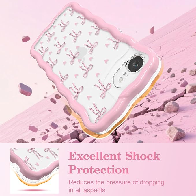 QLTYPRI for iPhone 17e/16e Pink Bow Case, Clear Cute Pink Ribbon Bow Phone Case Curly Wavy Aesthetic Phone Cover, Soft Slim Transparent TPU Shockproof Protective Cover for Women Girls - Love Bow - Image 4