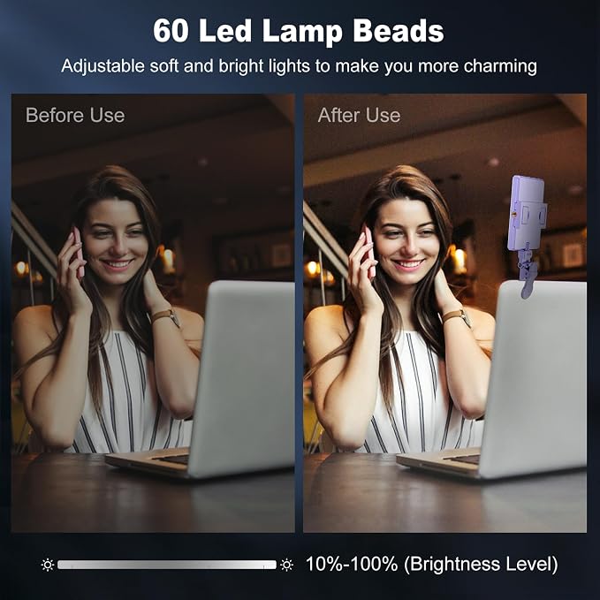 Selfie Light, Phone Light with Front & Back Clip, 60 LED Portable Light with 3 Modes, 5000mAh Rechargeable Video Light for Phone, iPhone, IPad, Laptop, TikTok, Makeup, Live Stream, Vlog(Purple) - Image 6