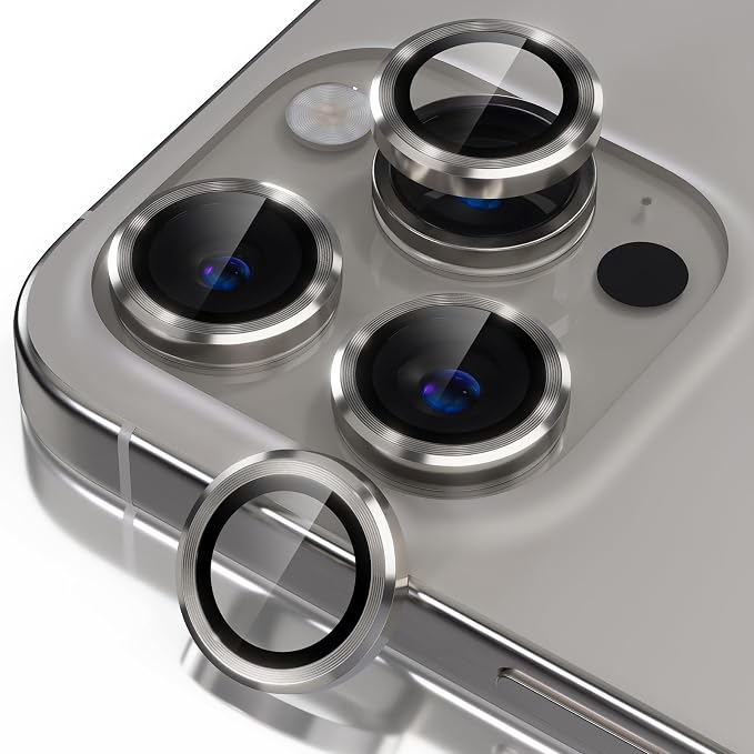 Misea Compatible for iPhone 16 Pro/iPhone 16 Pro Max Camera Lens Protector | 9H Tempered Glass Ultra HD Bling Camera Screen Protector Cover Metal Individual Ring Accessories, Natural Titanium by Misea