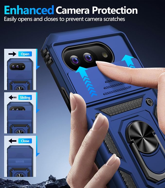 Taisairu for Google Pixel 9A Case with Screen Protector & Slide Camera Lens Cover,Built-in 360°Rotate Magnetic Ring Stand Shockproof Protective Phone Case for Google Pixel 9A Case (Blue) - Image 6