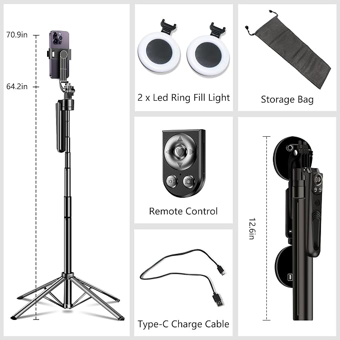 Auto Face Tracking Tripod for iPhone with Light, No APP Needed 70.9" Tripod | iPhone Stand for Video Recording, Selfie Stick Tripod Follows Your Movement with Remote for Content Creator Vlog Live - Image 7