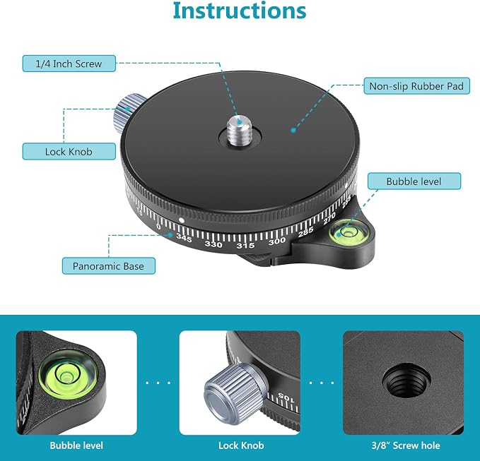 NEEWER Camera Panoramic Panning Base with Style Plate | 3/8 inch Screw, Aluminum Alloy Panorama Ball Tripod Head with Bubble Level, for Tripod Monopod DSLR Cameras, Max Load 22 LB - Image 3